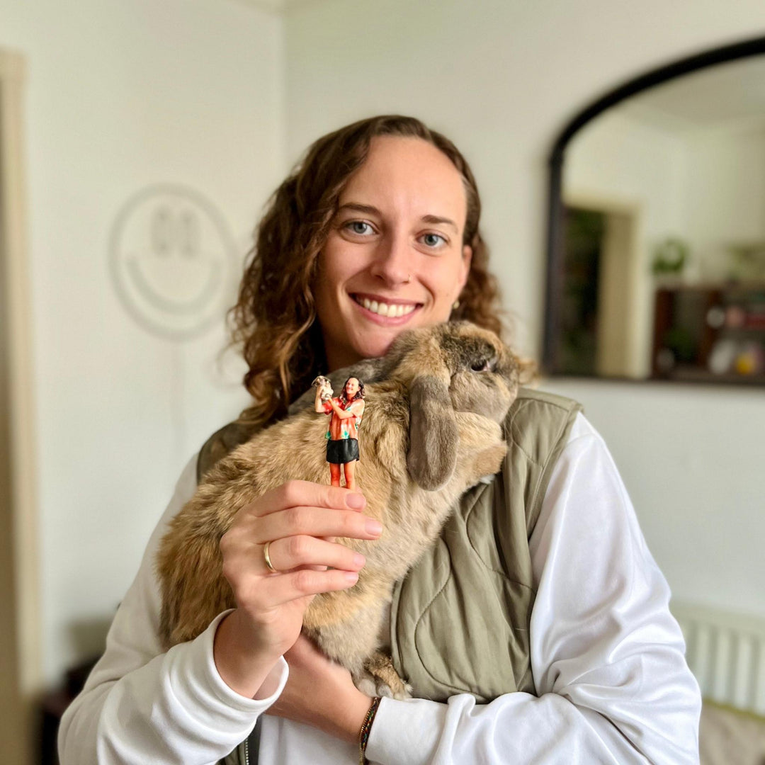 Woman and rabbit with 3d pet figurine